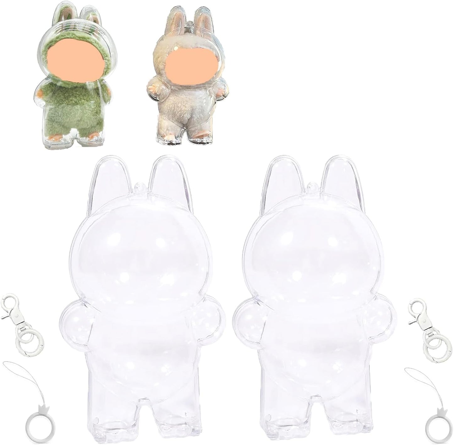 LABUBU Protective Cases - 2 PCS Blind Box Doll Protective Cases Covers Acrylic Clear Protectors with Keychains (Doll Not Included, 2 PCS Standing Cases)