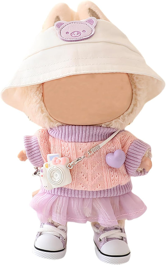 New Clothes for Lububu, 5-Piece Lububu Doll Outfits, Fashion Top, Hat, Shoes, Skirt, Camera Set Accessories, Exquisite 17 Cm Lububu Clothing (No Doll) (Purple)