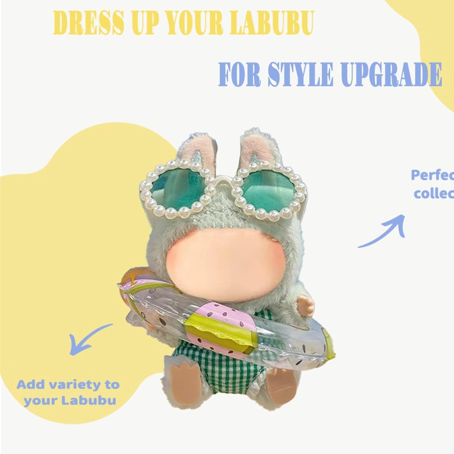 Clothes for Labubu(No Doll), 17cm&15cm Doll Clothes with Glasses&Overalls Set,Stylish Labubu Clothes Set with Accessories ,Easy Dress Up Outfit Swimming Party-Green (N)