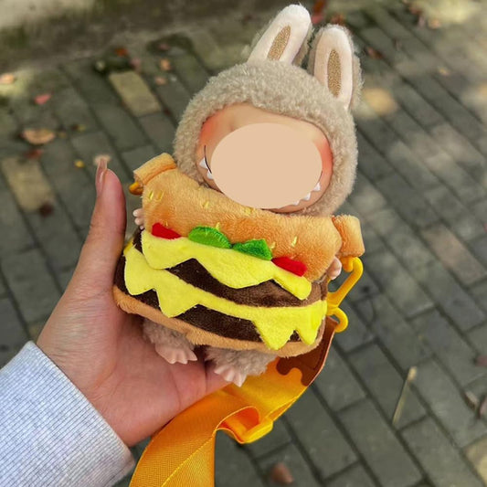 Cute LABUBU The Monster Doll Clothes Set - Fantasy Elf Outfits, Rainbow & Sitting Party Style, Kawaii Overalls + Top (Hamburger)
