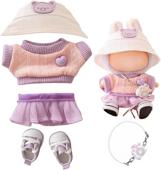 Clothes for Labubu Doll,Clothes for Dolls Accessories, Stylish Kawaii Outfit Set 5 Pieces Suitable for Labubu 15cm 17cm Doll,Doll Clothing Set Replacement (Purple)
