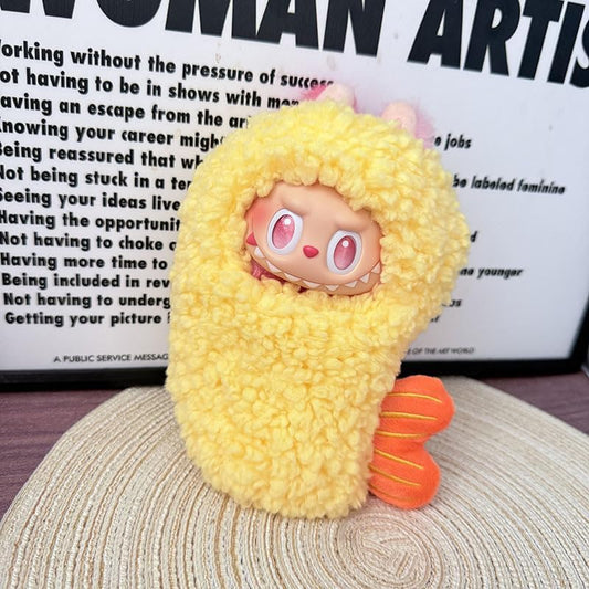 Fried Shrimp Style Jumpsuit Outfit for Labubu Dolls (Gen 1, 2 & 3) – Cute Clothing Set for Mini POP MART Figurines (No Doll Included) (Tender Yellow)