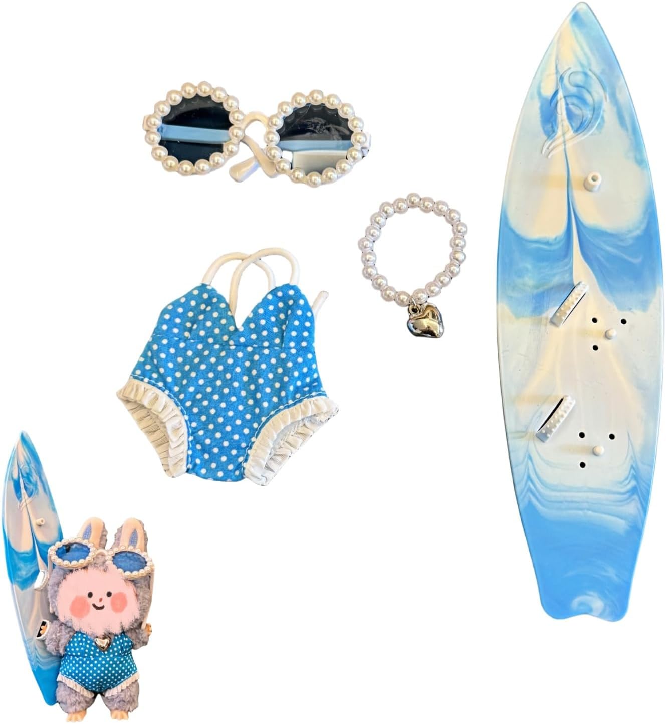 Swimwear Set for Labubu – 3–4PCS Summer Outfit with Clothing & Accessories for Beach Style (Green Swimsuit + Swimming Ring + Glasses)