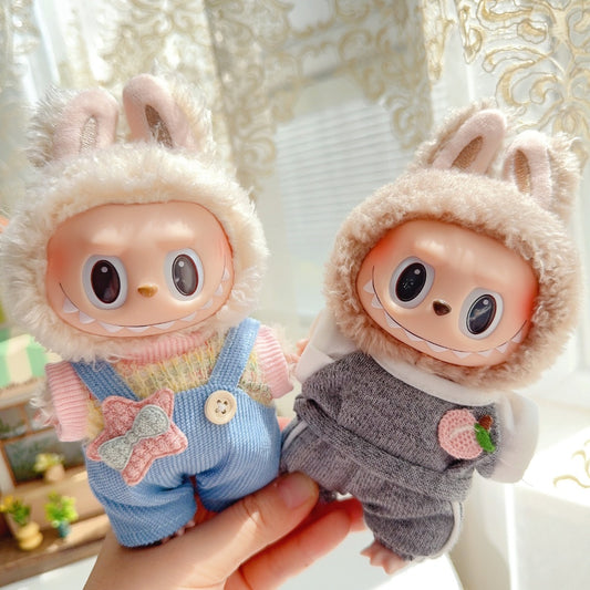 17cm Labubu Handmade Couple Outfit Set | Macaron Swaeter + Matching Overalls | Vinyl/Plush-Compatible Clothes Only with Detachable Keychain Charm