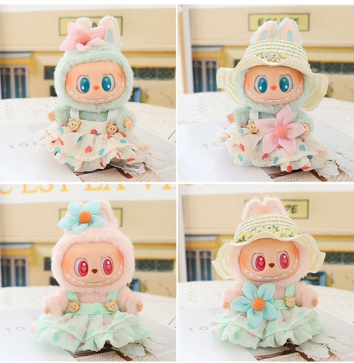 Pop Mart LABUBU Summer Outfit Set - Mint Green Dress with Bow & Straw Hat for 1st/2nd/3rd Gen Blind Box Figures, Fresh Seasonal Doll Clothes (17cm)