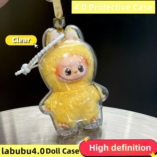 10.5cm Labubu 4th Gen Heart Code Collection Clear Acrylic Protective Case | Hard Shell Dust-Proof Collectible Carrier with Beaded Chain for Mini Keychain Charms