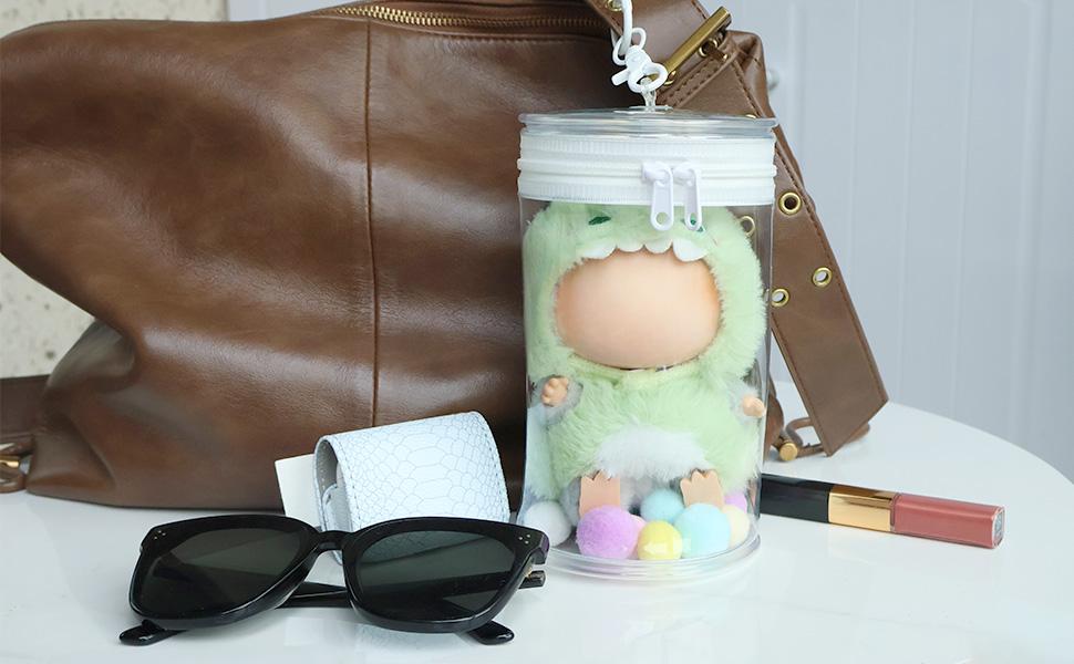 LABUBU Protective Case for Doll Display Bag with Keychain Accessories for Dustproof Waterproof Doll Storage Zipper Case(White)