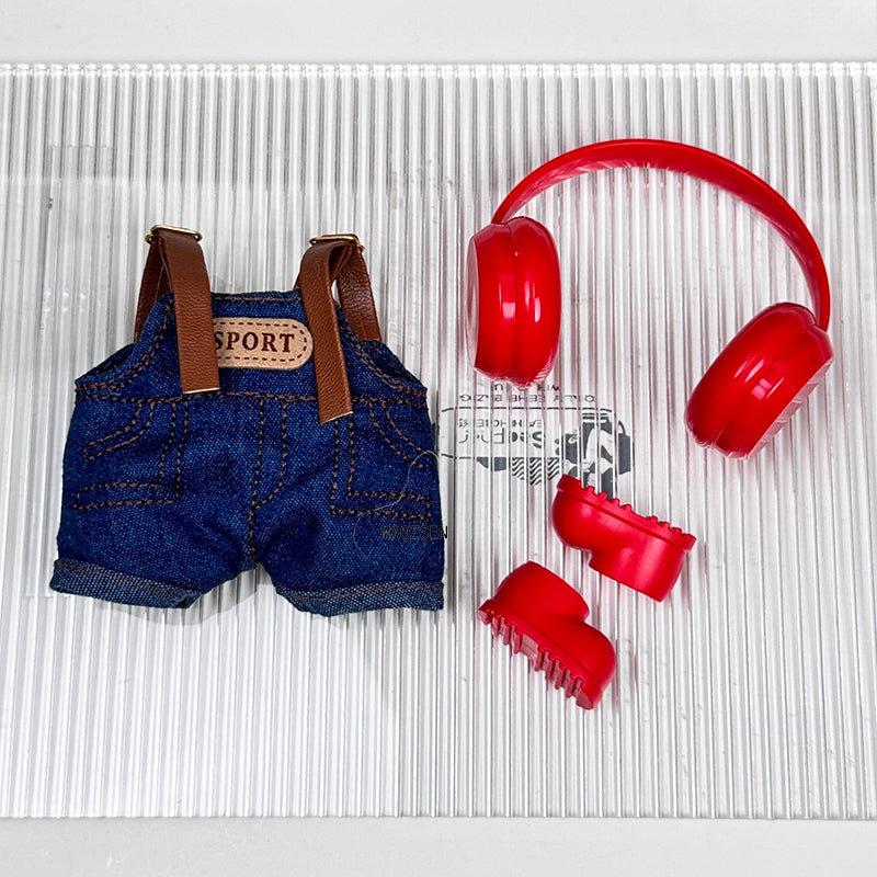 POP MART Labubu Doll Clothes Set - Cute Overalls + Headphones + Shoes for Gen 1/2/3 Figures (Sitting/Standing Poses) | 17cm Vinyl Outfit