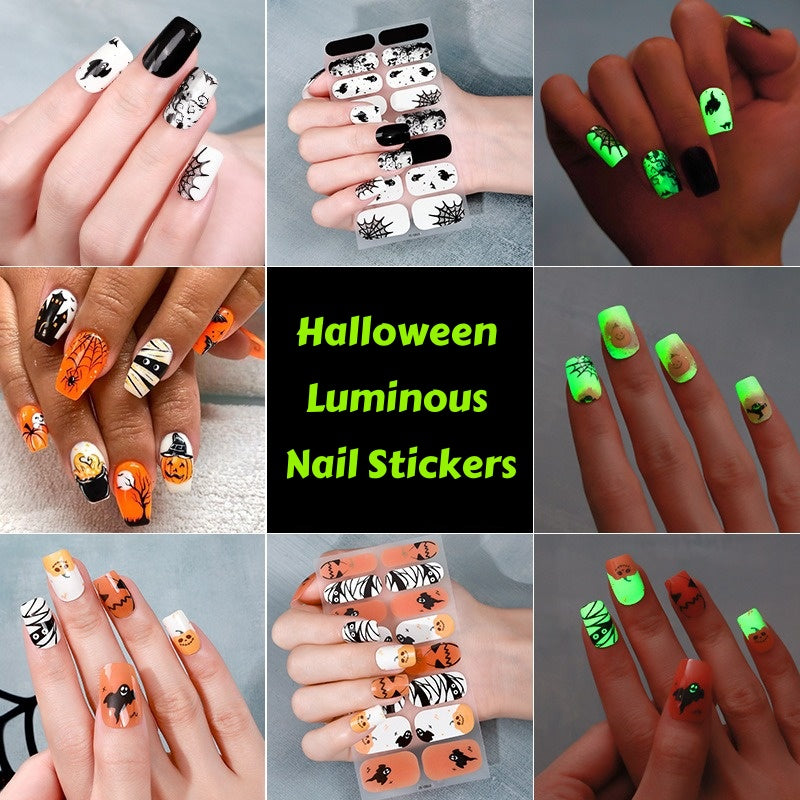 Glow in Dark Halloween Nail Stickers - Waterproof Cartoon Decals for Kids, No Heat Needed