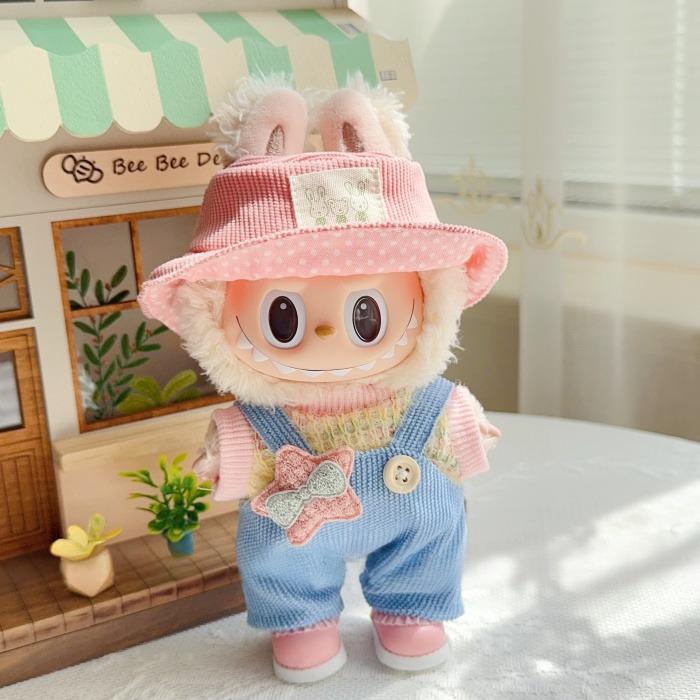 17cm Labubu Handmade Couple Outfit Set | Macaron Swaeter + Matching Overalls | Vinyl/Plush-Compatible Clothes Only with Detachable Keychain Charm