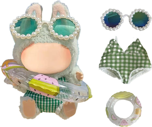 Clothes for Labubu(No Doll), 17cm&15cm Doll Clothes with Glasses&Overalls Set,Stylish Labubu Clothes Set with Accessories ,Easy Dress Up Outfit Swimming Party-Green (N)