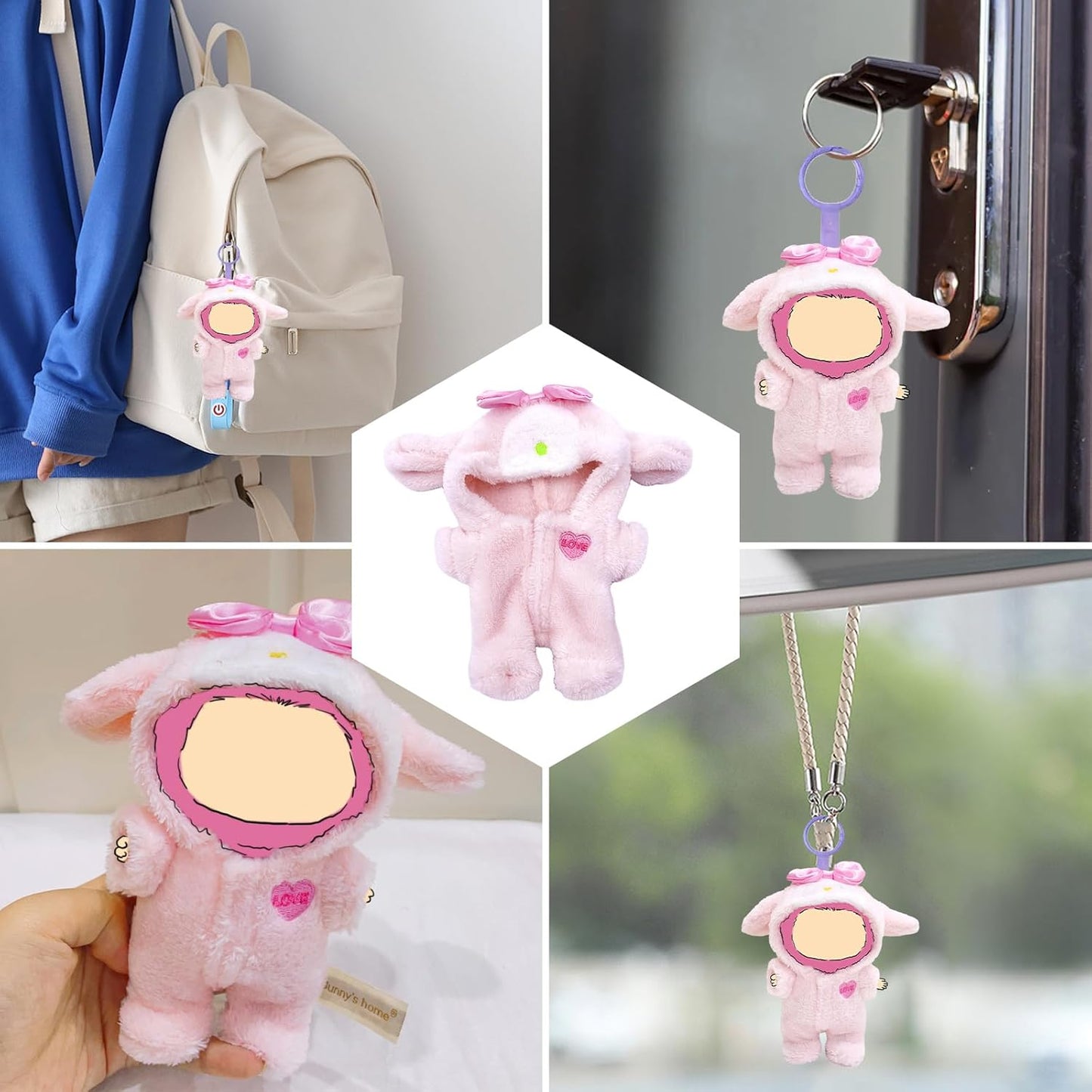 17cm Doll Clothes, Outfits for Clothes Set, Dolls Keychain Accessories, Faking Animal Style Outfit Jumpsuit (Bunny Pink)