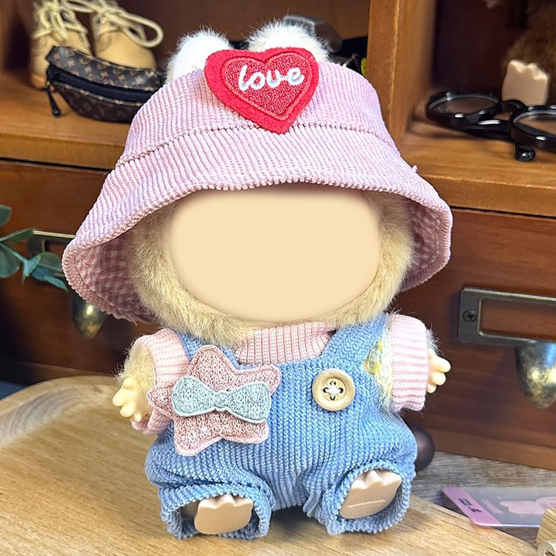 17/15cm Clothes Set(NO Doll), Hat & Overalls Set for 17/15cm Accessories Suit, Cute Clothes for Dress up Unique Style (Pink Love Heart)