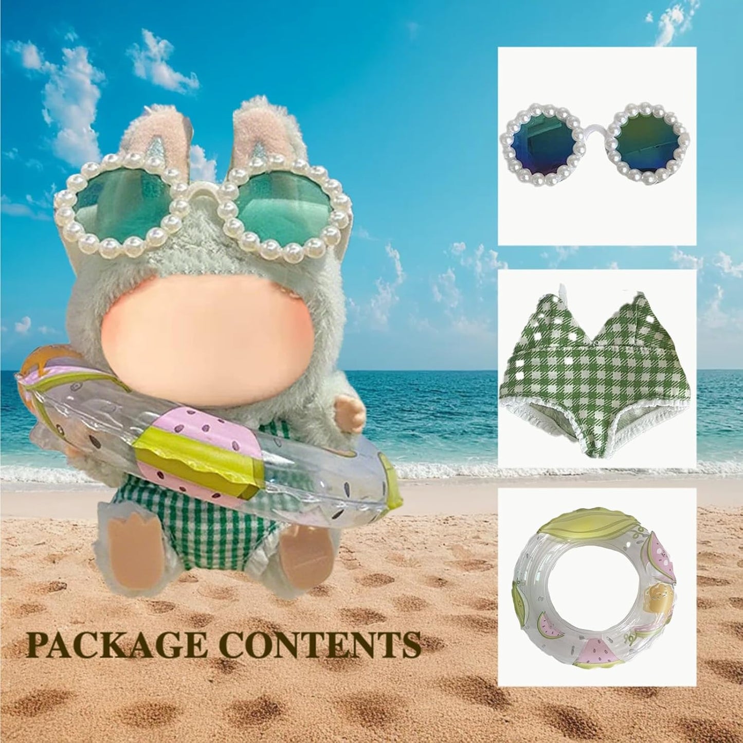 Clothes for Labubu(No Doll), 17cm&15cm Doll Clothes with Glasses&Overalls Set,Stylish Labubu Clothes Set with Accessories ,Easy Dress Up Outfit Swimming Party-Green (N)
