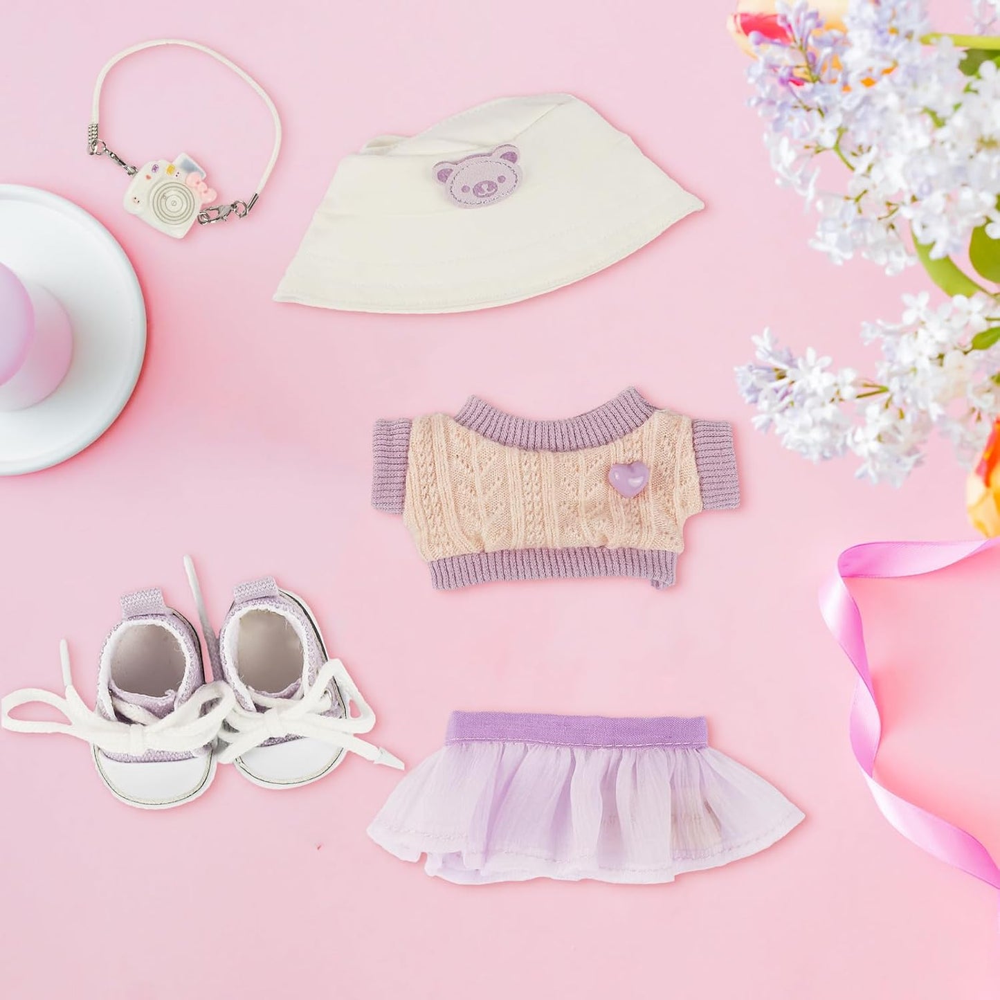 4 Set 15- 17cm Doll Clothes for labubu - Dolls Outfit Accessories for Girl , with Coat + Skirt + Handbag + Bow (No Doll) (Pink)