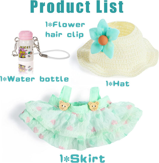 One Set Kawaii Doll Clothes for 17cm Plush Dolls - Green Floral Collection Dress + Hat + Bag + Hair Clip Fits 6.7 Inch Mini Dolls (No Doll No Glasses)