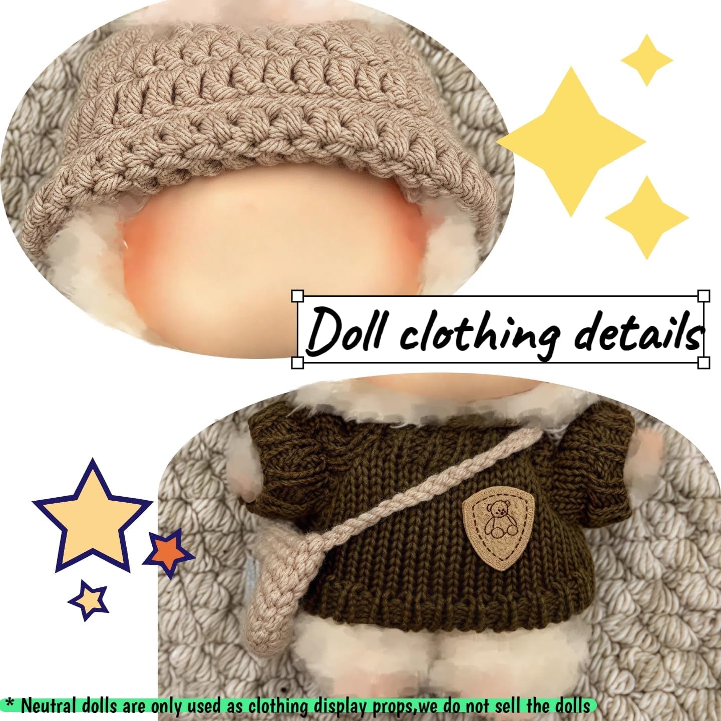 Handmade Crochet Doll Clothes Set - 2-Piece Outfit with Hat, Sweater & Bag for 15-17cm (6") Dolls - Handcrafted Accessories Gift (Khaki Overalls Suit)