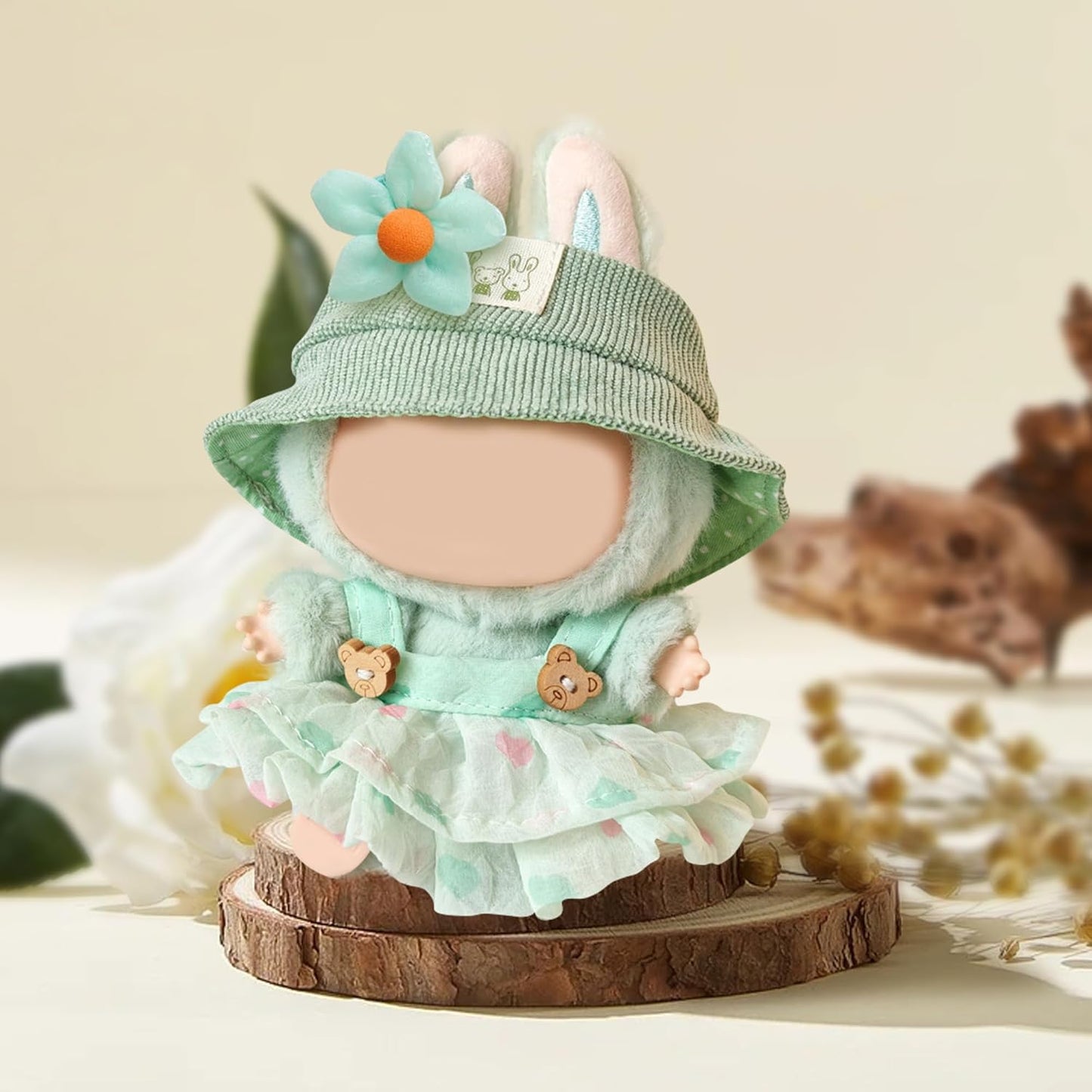 Green Doll Clothes for Labubu 3 Set (No Doll)：Clothes Outfit for Toys with hat, Dress and Clip ，Ideal Gifts