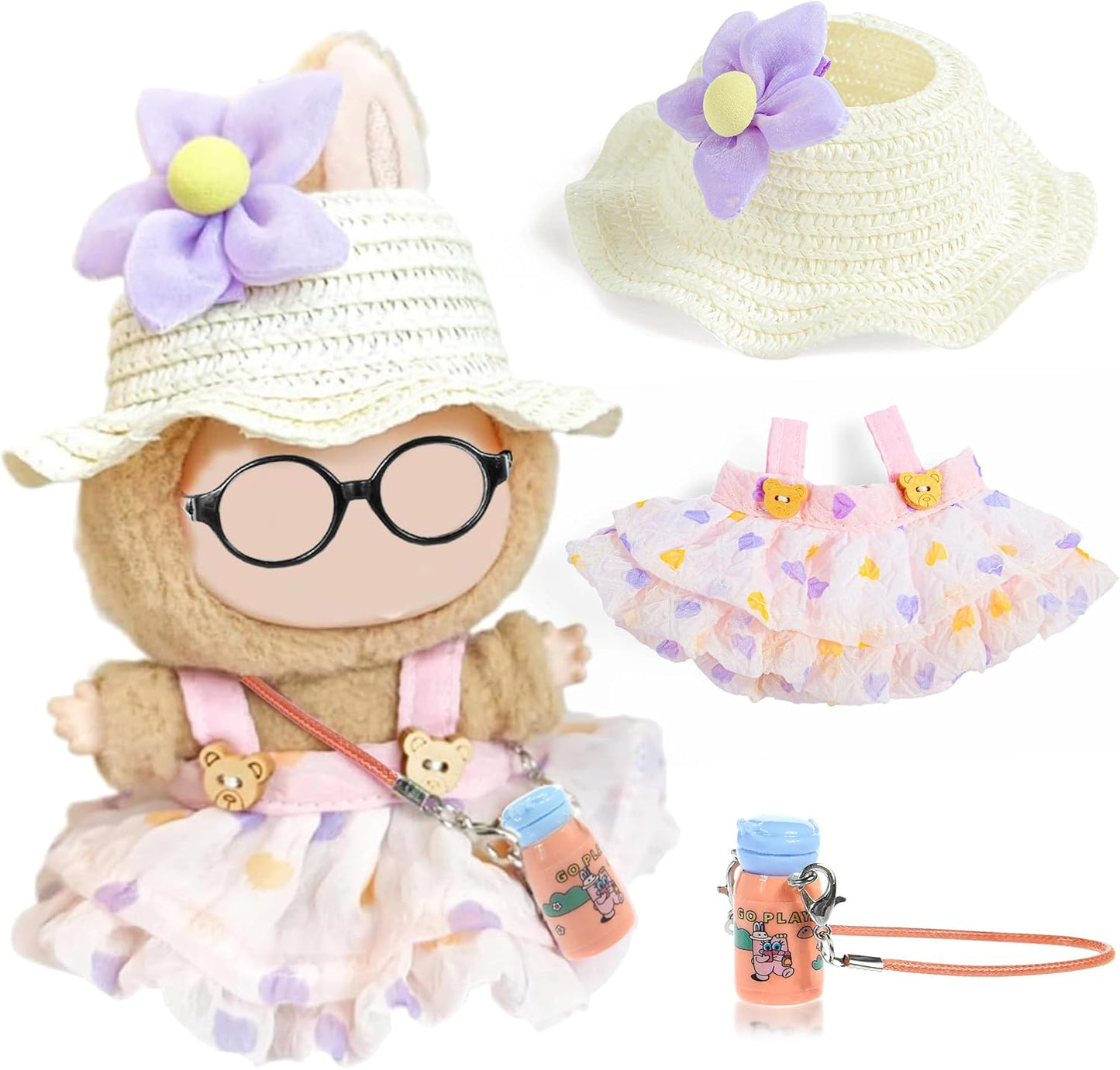 One Set Kawaii Doll Clothes for 17cm Plush Dolls - Green Floral Collection Dress + Hat + Bag + Hair Clip Fits 6.7 Inch Mini Dolls (No Doll No Glasses)