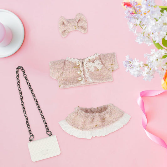 4 Set 15- 17cm Doll Clothes for labubu - Dolls Outfit Accessories for Girl , with Coat + Skirt + Handbag + Bow (No Doll) (Pink)