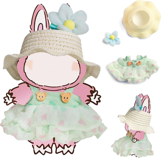 Doll Clothes(No Doll),Cute Kawaii Style for 17cm Dolls Accessories Floral Dress & Sun Hat Set Green