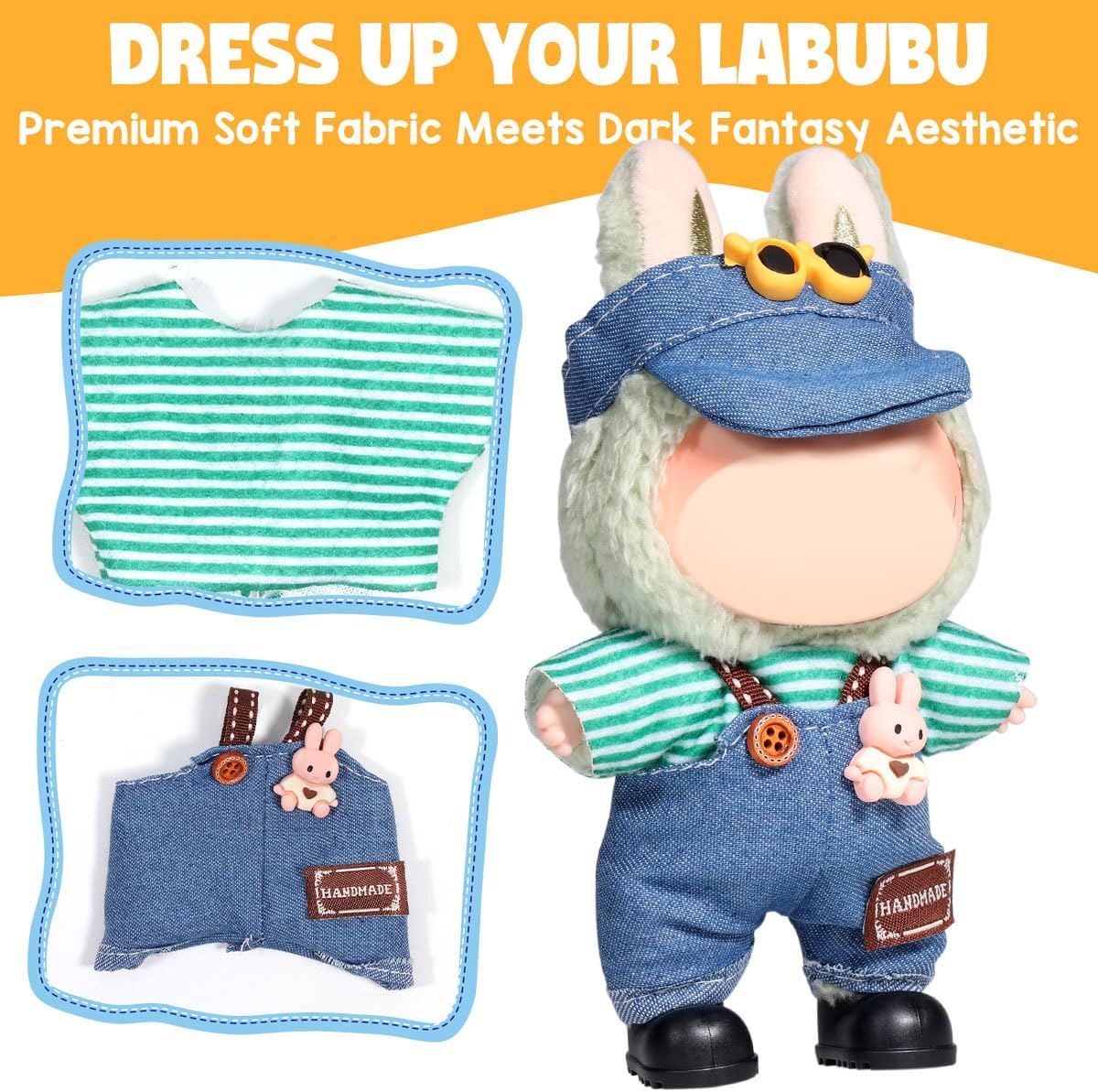 Labubu Clothes/for Labubu Outfits,Clothes Set for 17cm Lububu Doll,3 Piece Set Hat Clothing for LA BUBU, Boys and Girls Stylish Adorable Dolls Clothes Accessories (No Doll)_05
