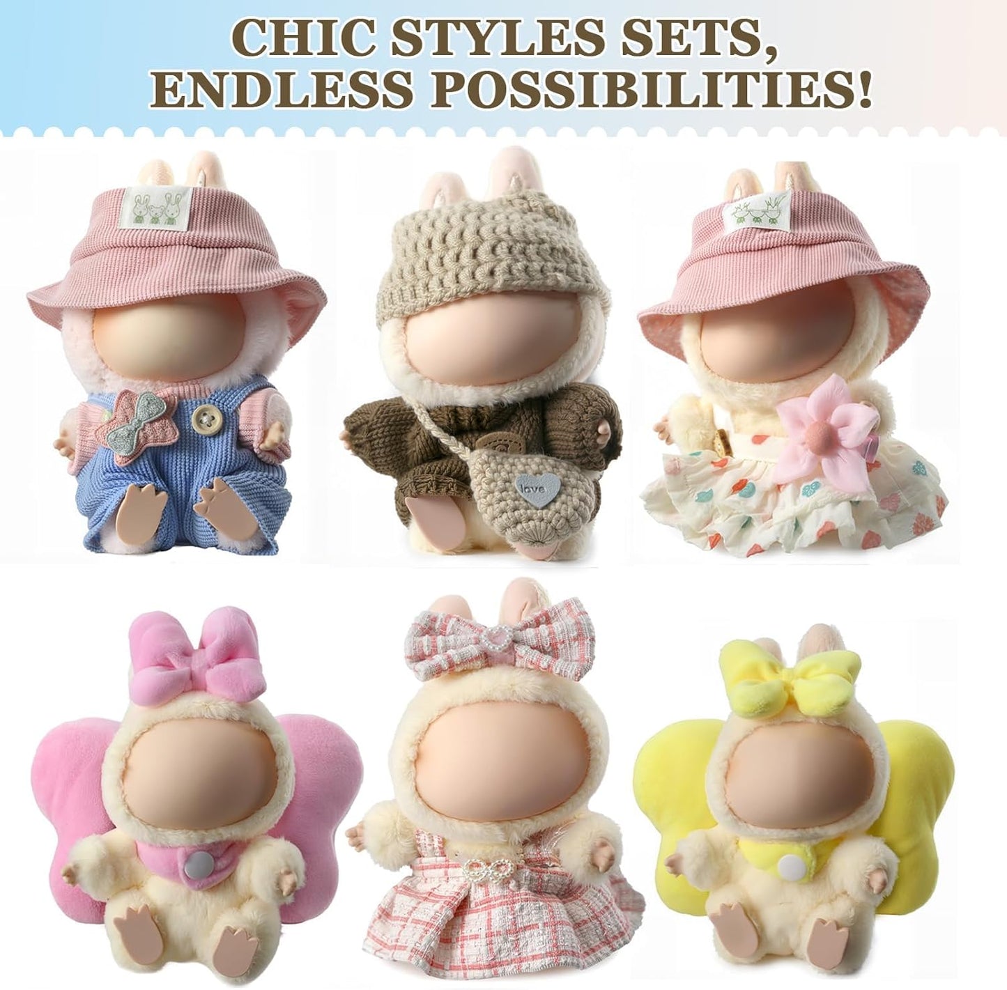 Doll Clothes Set for Labubu 6.7inch/17cm Dolls, 3 Piece Cute & Chic Outfits with Hat & Fashion Accessories, Perfect for Teens & Adult Collectors, Khaki Knitted Outfit with Hat & Messenger Bag