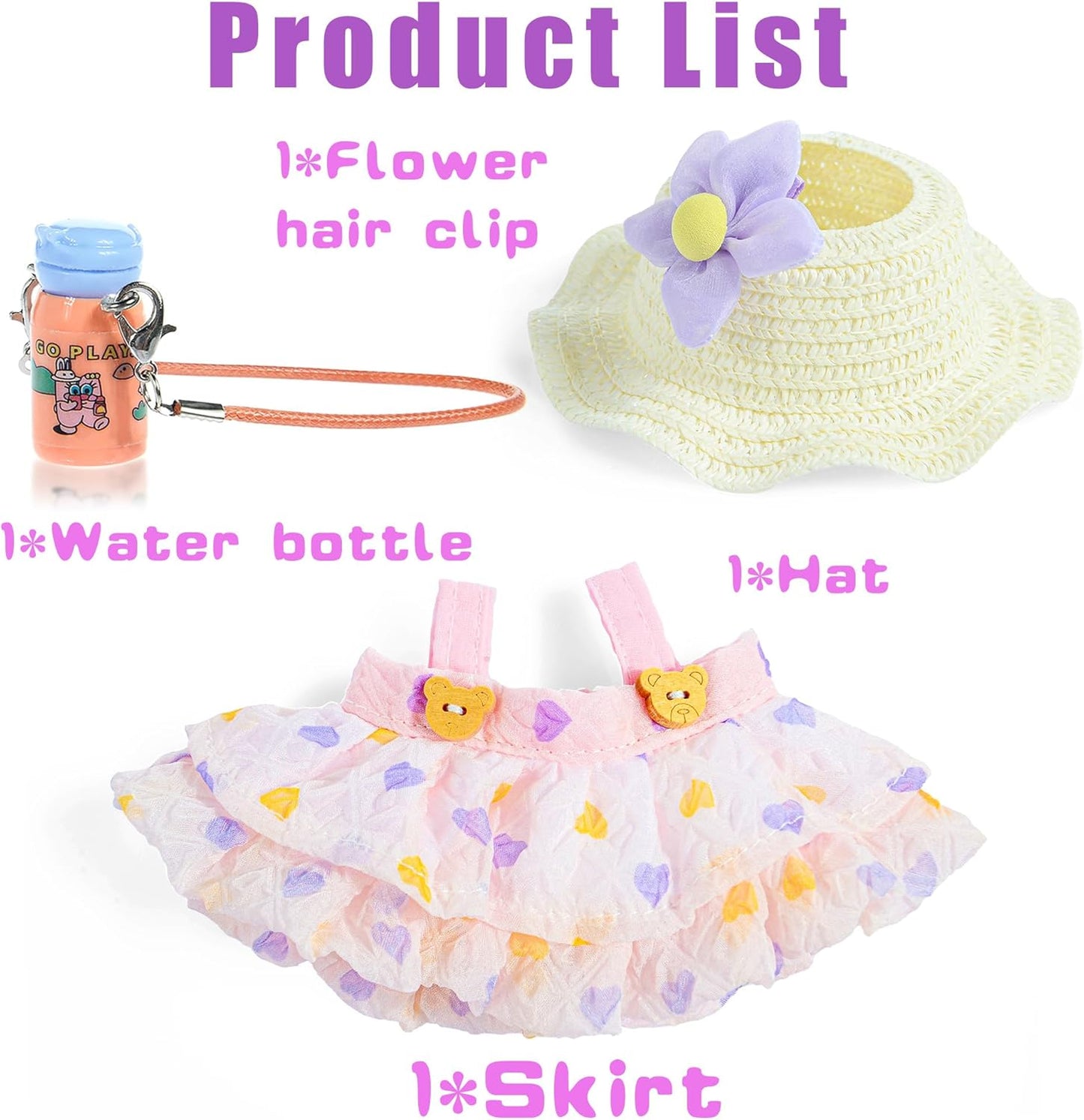 One Set Kawaii Doll Clothes for 17cm Plush Dolls - Green Floral Collection Dress + Hat + Bag + Hair Clip Fits 6.7 Inch Mini Dolls (No Doll No Glasses)