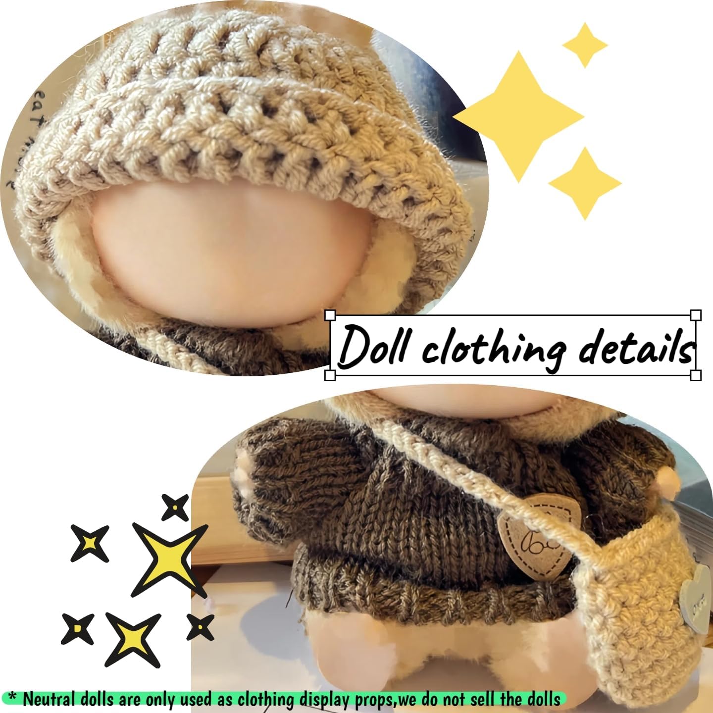 Handmade Crochet Doll Clothes Set - 2-Piece Outfit with Hat, Sweater & Bag for 15-17cm (6") Dolls - Handcrafted Accessories Gift (Khaki Overalls Suit)