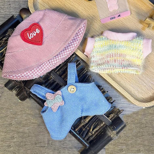 17/15cm Clothes Set(NO Doll), Hat & Overalls Set for 17/15cm Accessories Suit, Cute Clothes for Dress up Unique Style (Pink Love Heart)