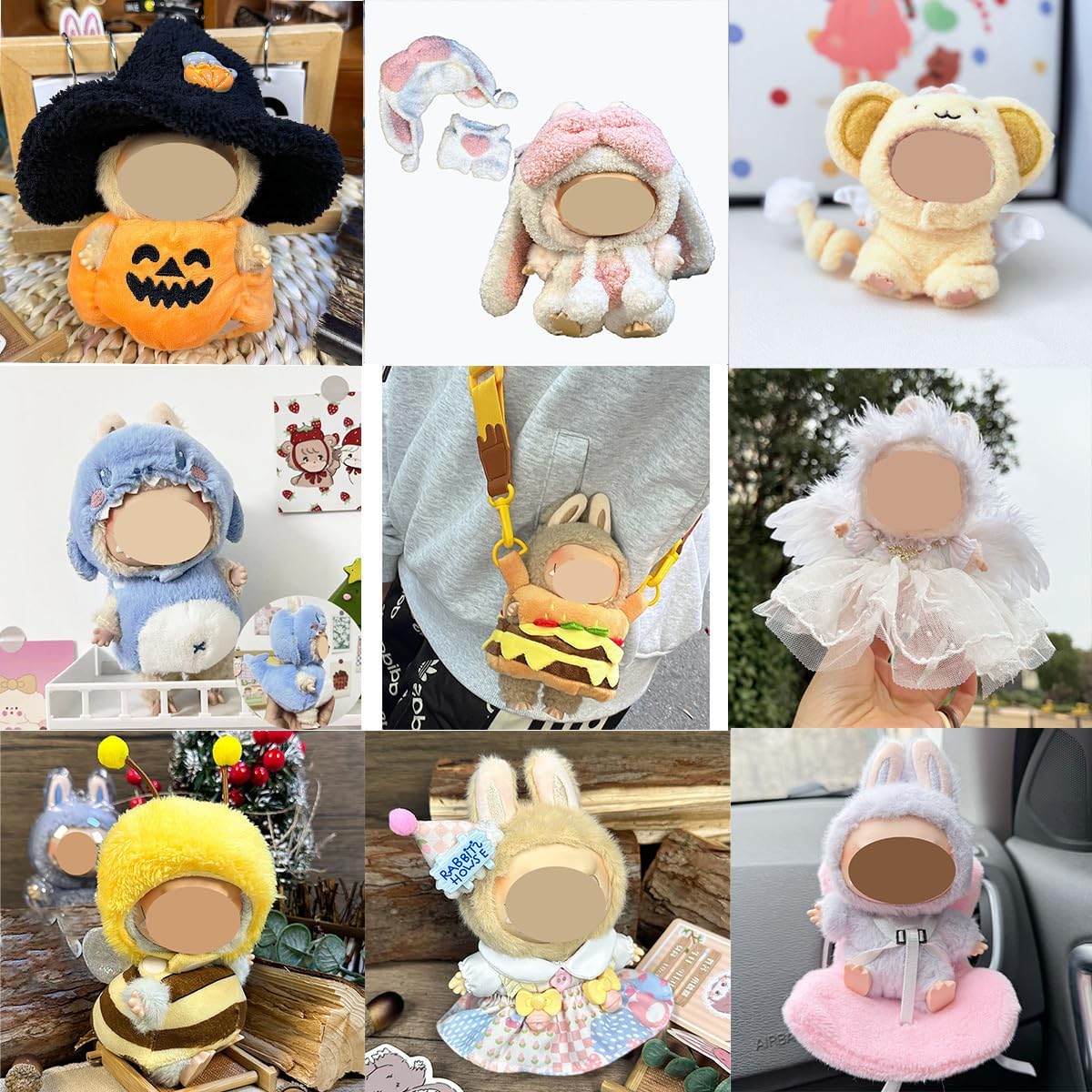 Cute LABUBU The Monster Doll Clothes Set - Fantasy Elf Outfits, Rainbow & Sitting Party Style, Kawaii Overalls + Top (Hamburger)