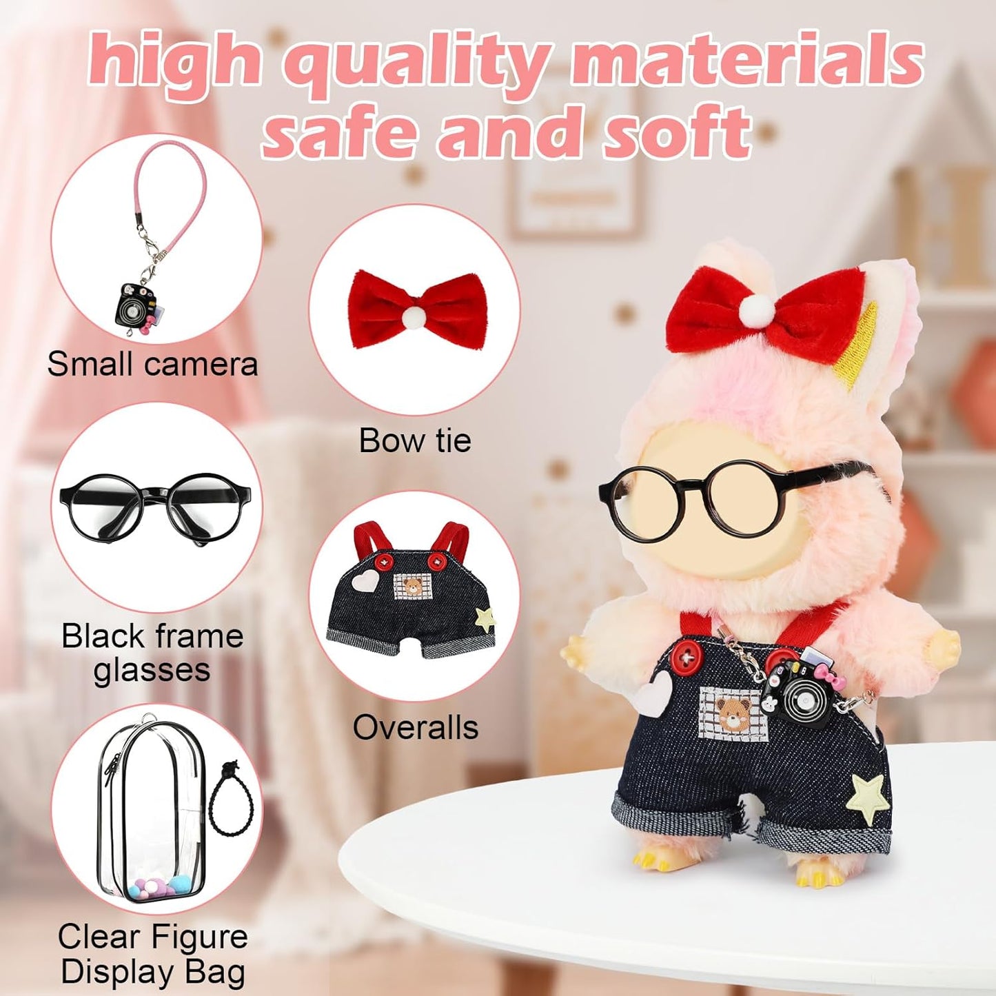 4 Set 15- 17cm Doll Clothes for labubu - Dolls Outfit Accessories for Girl , with Coat + Skirt + Handbag + Bow (No Doll) (Pink)