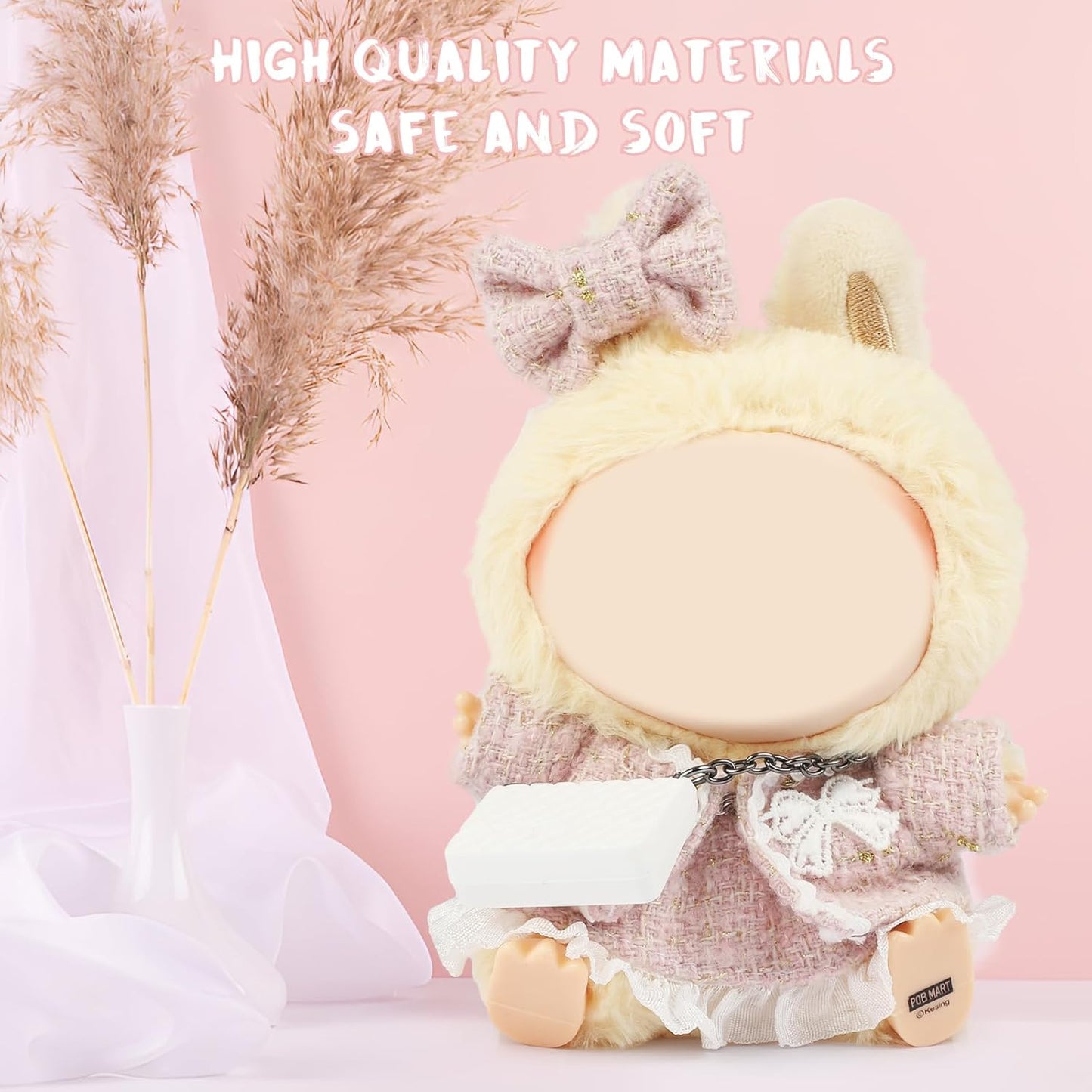 4 Set 15- 17cm Doll Clothes for labubu - Dolls Outfit Accessories for Girl , with Coat + Skirt + Handbag + Bow (No Doll) (Pink)