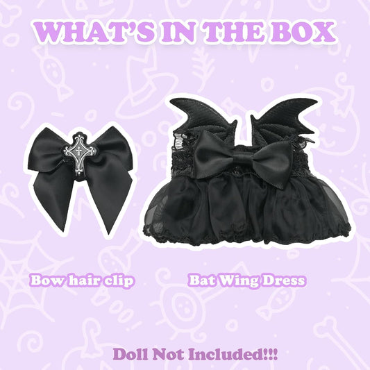 Clothes Compatible with Labubu Doll, Labubu Outfit Set - Black Lace Dress with Devil Wings+Cross Bow for Labubu Dolls, Stylish Accessories Set for 17cm Labubu Doll, No Doll(Dark Cross Enchantress)