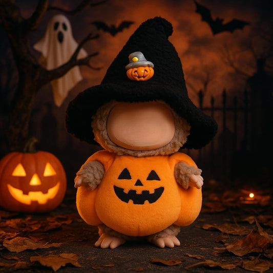 2-Piece Halloween Costume Set for 15cm 17cm Dolls Pumpkin Dress Witch Hat Gift Party Decoration (No Doll) (Pumpkin Set Black Hat)