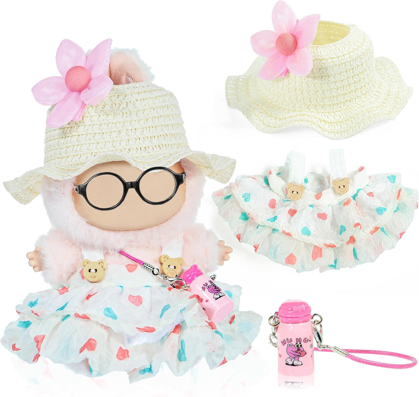 One Set Kawaii Doll Clothes for 17cm Plush Dolls - Green Floral Collection Dress + Hat + Bag + Hair Clip Fits 6.7 Inch Mini Dolls (No Doll No Glasses)