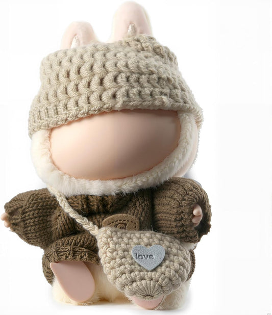 Doll Clothes Set for Labubu 6.7inch/17cm Dolls, 3 Piece Cute & Chic Outfits with Hat & Fashion Accessories, Perfect for Teens & Adult Collectors, Khaki Knitted Outfit with Hat & Messenger Bag
