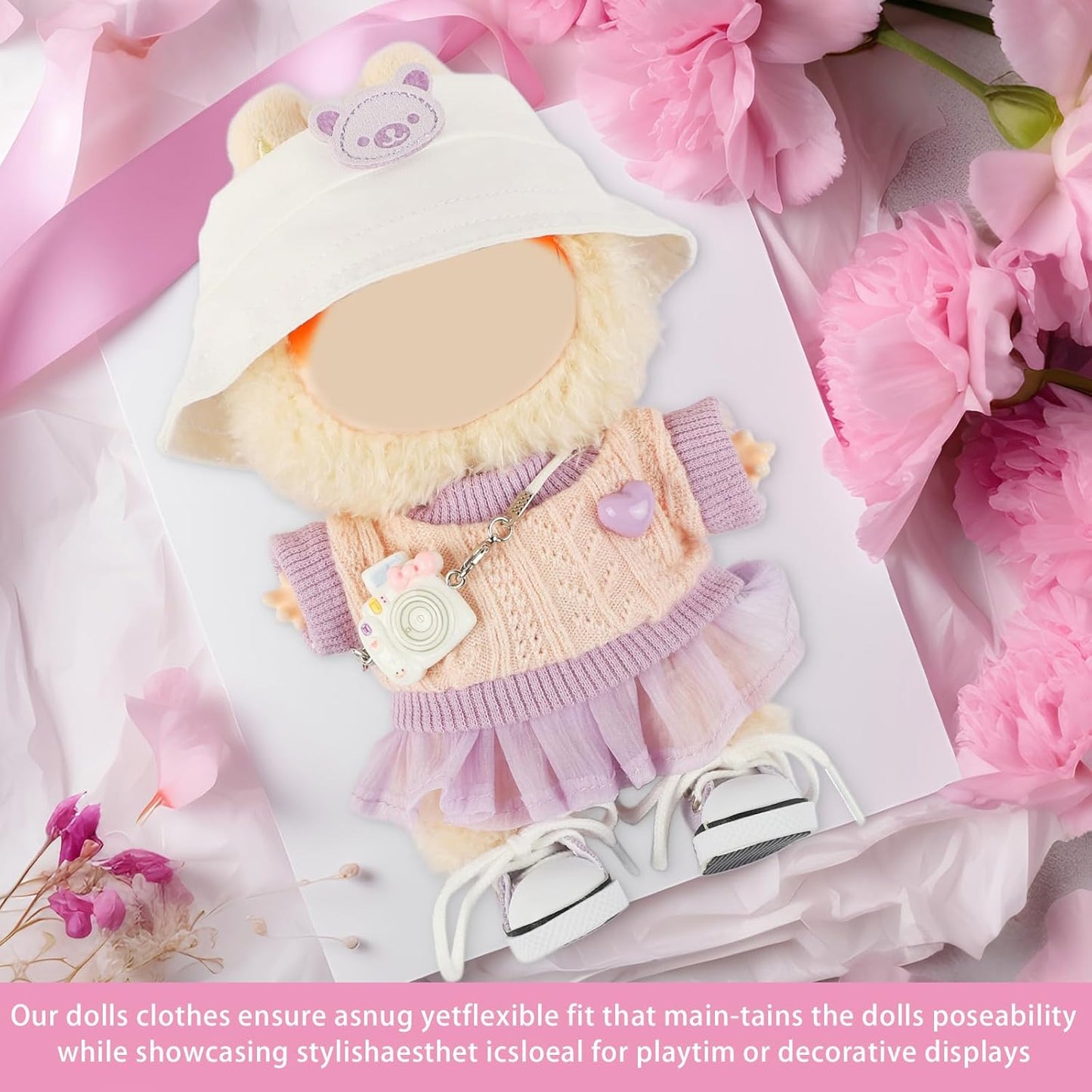 4 Set 15- 17cm Doll Clothes for labubu - Dolls Outfit Accessories for Girl , with Coat + Skirt + Handbag + Bow (No Doll) (Pink)