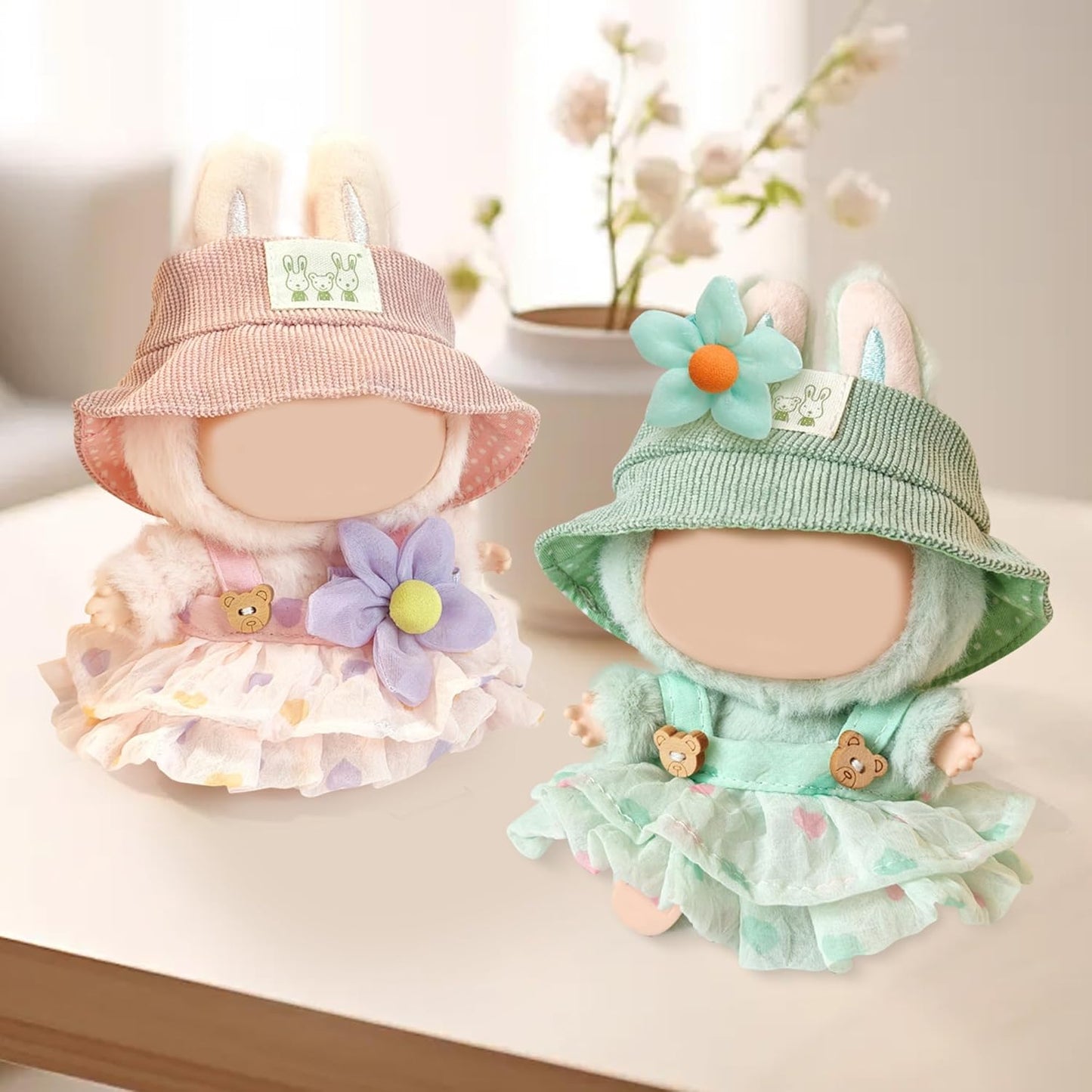 Green Doll Clothes for Labubu 3 Set (No Doll)：Clothes Outfit for Toys with hat, Dress and Clip ，Ideal Gifts