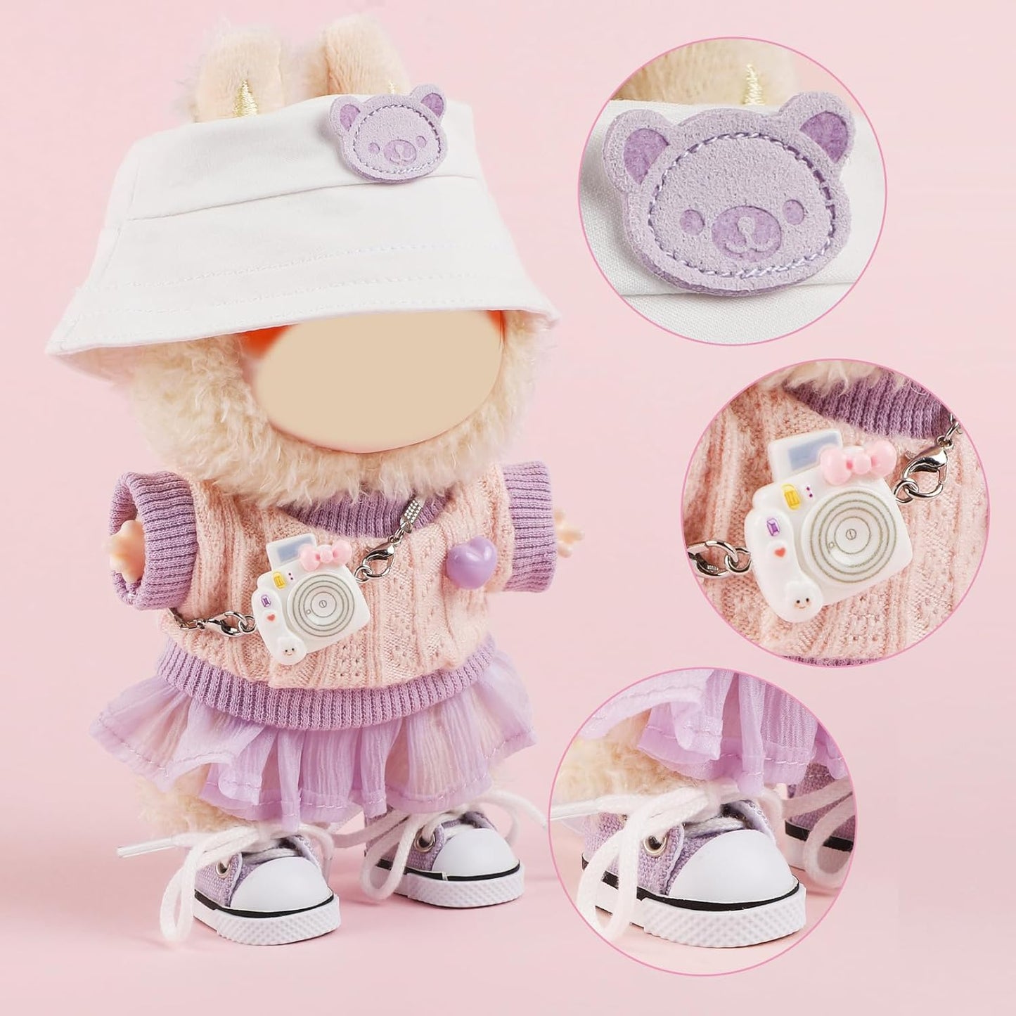 4 Set 15- 17cm Doll Clothes for labubu - Dolls Outfit Accessories for Girl , with Coat + Skirt + Handbag + Bow (No Doll) (Pink)