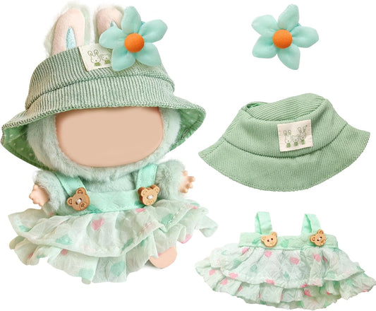 Green Doll Clothes for Labubu 3 Set (No Doll)：Clothes Outfit for Toys with hat, Dress and Clip ，Ideal Gifts