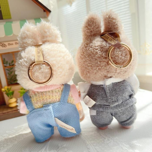 17cm Labubu Handmade Couple Outfit Set | Macaron Swaeter + Matching Overalls | Vinyl/Plush-Compatible Clothes Only with Detachable Keychain Charm