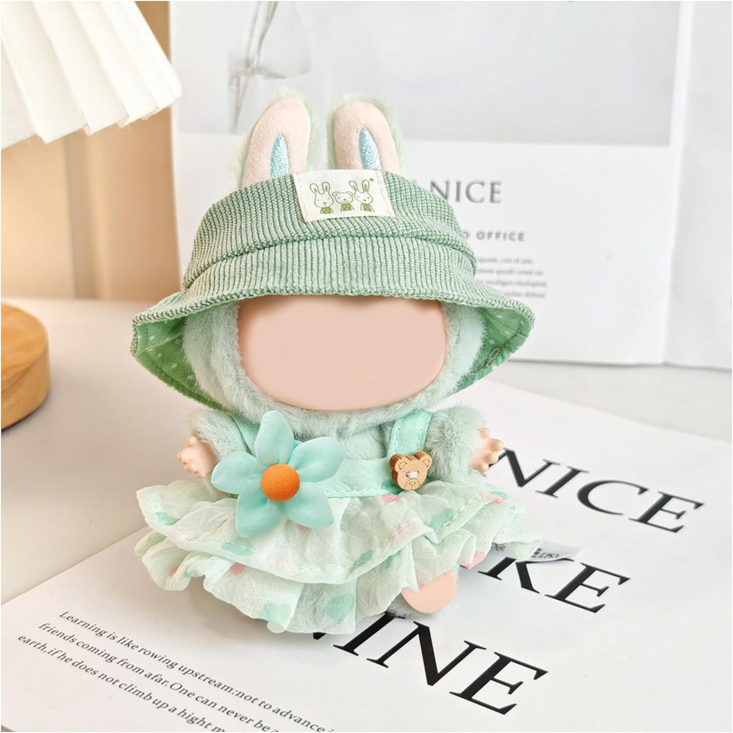 Green Doll Clothes for Labubu 3 Set (No Doll)：Clothes Outfit for Toys with hat, Dress and Clip ，Ideal Gifts