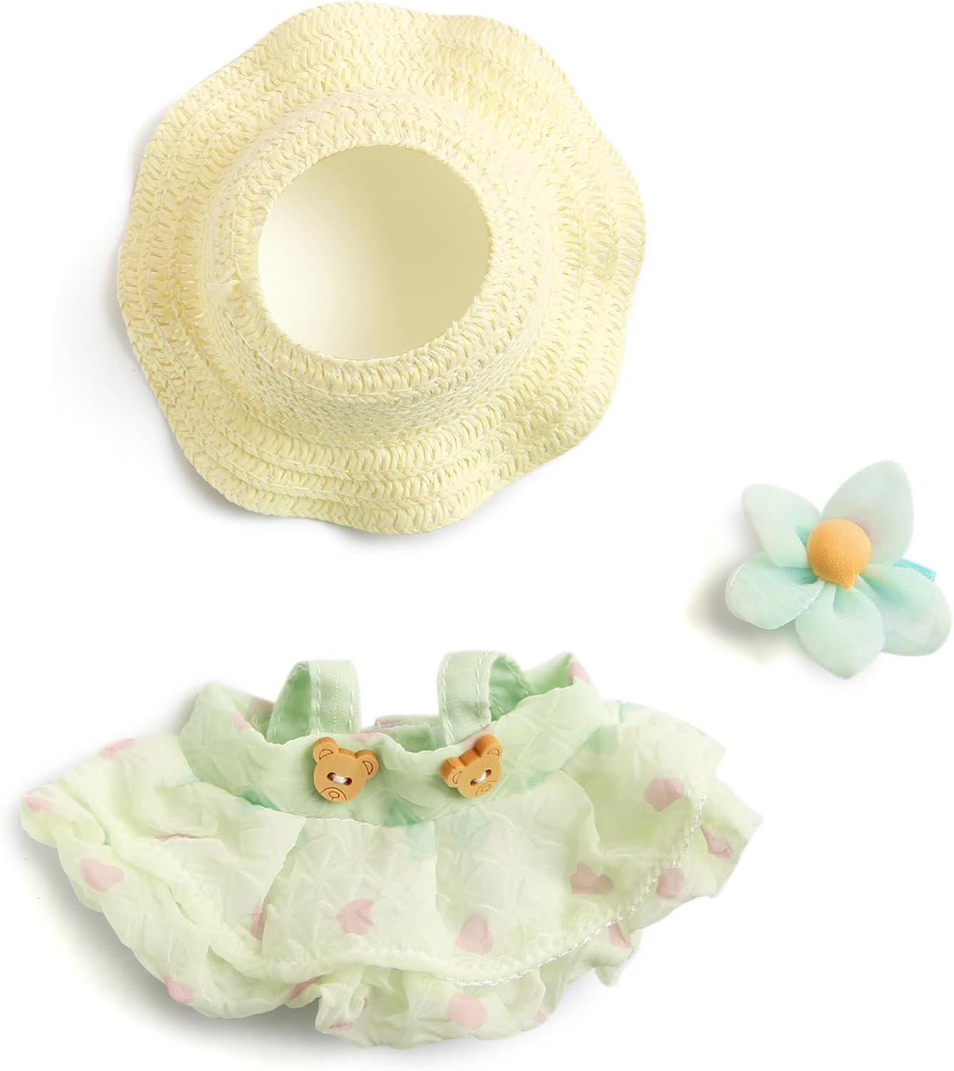 Doll Clothes(No Doll),Cute Kawaii Style for 17cm Dolls Accessories Floral Dress & Sun Hat Set Green