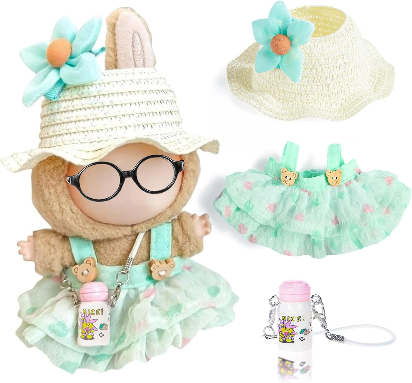 One Set Kawaii Doll Clothes for 17cm Plush Dolls - Green Floral Collection Dress + Hat + Bag + Hair Clip Fits 6.7 Inch Mini Dolls (No Doll No Glasses)