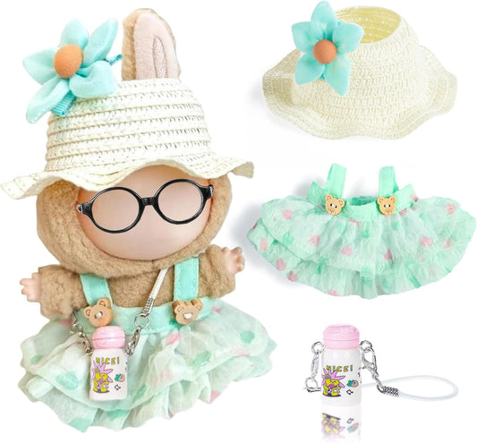 One Set Kawaii Doll Clothes for 17cm Plush Dolls - Green Floral Collection Dress + Hat + Bag + Hair Clip Fits 6.7 Inch Mini Dolls (No Doll No Glasses)