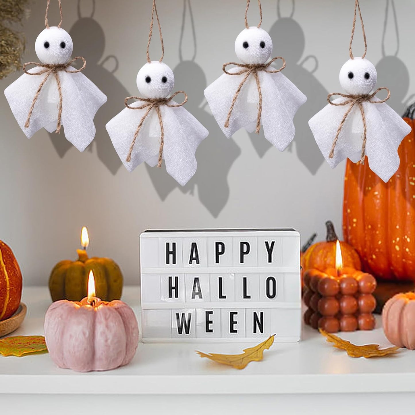 16 Pcs Halloween Ghost Hanging Ornaments, 3 Inch Small Hanging Ghosts Tree Ornaments, Farmhouse Rustic Cloth Ghosts Hanging Decoration for Haunted House Party Yard Tree Decor