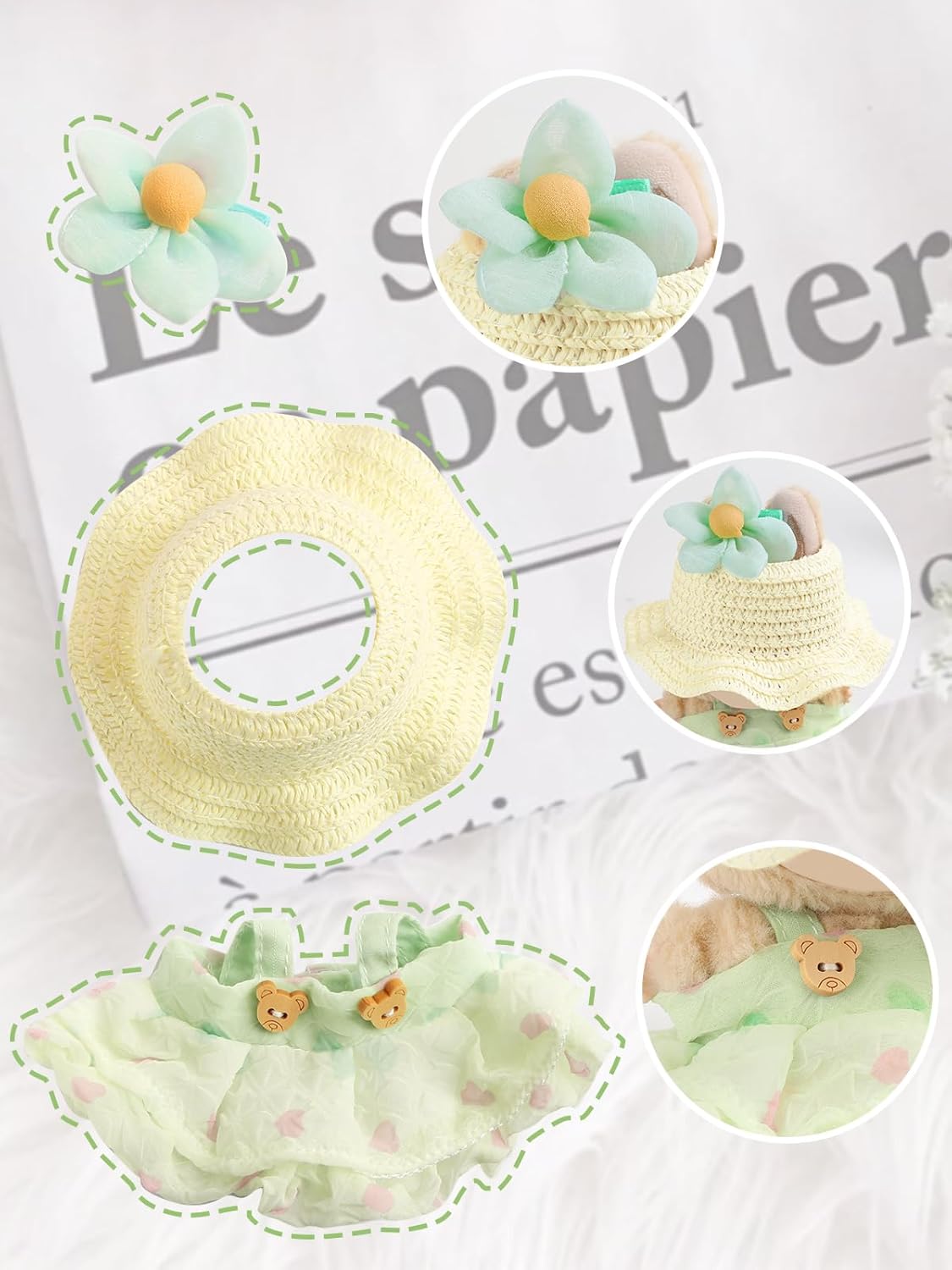 Doll Clothes(No Doll),Cute Kawaii Style for 17cm Dolls Accessories Floral Dress & Sun Hat Set Green