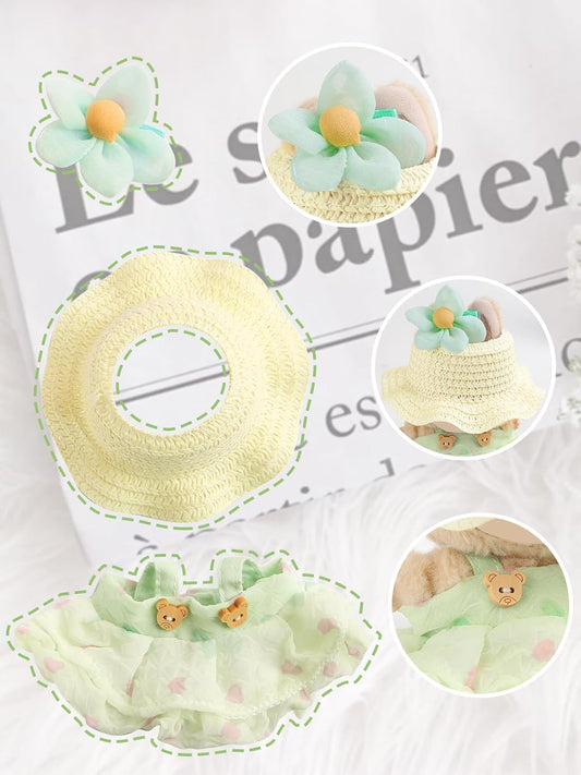 Doll Clothes(No Doll),Cute Kawaii Style for 17cm Dolls Accessories Floral Dress & Sun Hat Set Green