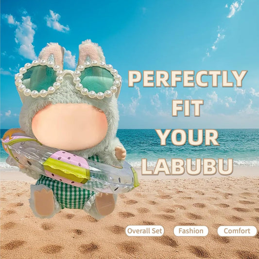 Clothes for Labubu(No Doll), 17cm&15cm Doll Clothes with Glasses&Overalls Set,Stylish Labubu Clothes Set with Accessories ,Easy Dress Up Outfit Swimming Party-Green (N)